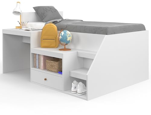 IDMarket - Cama combinada con somier, escritorio y almacenamiento Leopold 90x190 cm, color blanco