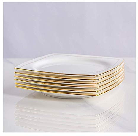 Service de Table Blanc avec Bordure dorée, Assiettes en céramique de 20 cm, Vaisselle Rustique Moderne, Plats de Service en Porcelaine pour Four à Micro-Ondes et Lave,White-6pcs