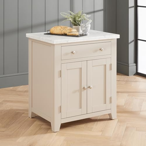 The Furniture Market Cheshire Dove Grey | Small Kitchen Island with White Carrara Marble Top | Full Length Drawer | 2 Door Large Cupboard | Fully Assembled | H 855 x W 765 x D 580mm