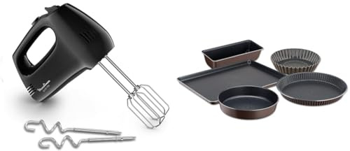 Moulinex Batteur à mainQuick Mix, 300 W, Fouets et crochets pétrisseurs en acier inoxydable, 5 vitesses + pulse HM3108B1, Noir et lot de 5 moules à pâtisserie Tefal Perfectbake YY4220FA, Marron