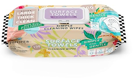 Juniper CLEAN Single Surface Cleaning Wipes Bleach Free, Thick & Large Dispose, All-Purpose Cleaner for Bathroom, Kitchen, Office, 100 Count Soft Flow, Biodegradable, Lavender Scent
