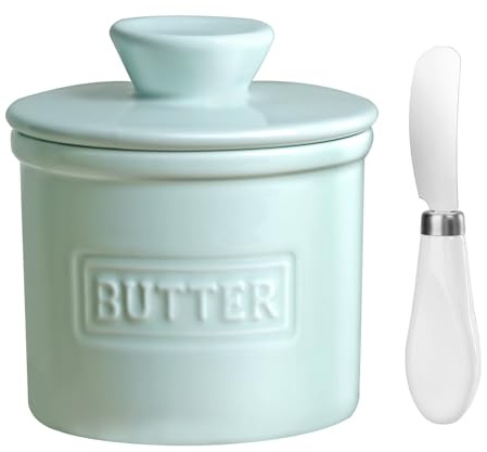 ADIVEE Butter Crock with Spreader, Porcelain French Butter Keeper for Counter, Butter Container with Water Liner, Gift for Mother’s Day, Thanksgiving Day and Christmas, Color-Green.