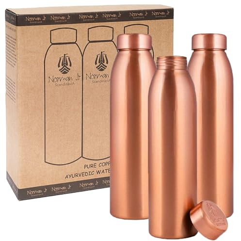 NORMAN JR Bouteille d'eau en cuivre 1 L - Coffret cadeau de 3, Simple, un récipient ayurvédique en cuivre pur - vous aide à boire plus d'eau, avec de nombreux bienfaits pour la santé