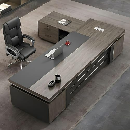 ZDFTGKM Moderner L-förmiger Chefschreibtisch mit Schubladen und Stauraum, Schreibtische aus Holz für das Homeoffice, verdickte und stabile Schreibtischplatte (linker Schrank, 95 L / 240 cm)