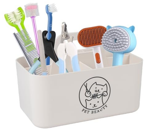 ZoeQide Organisateur pour accessoires pour animaux de compagnie avec poignée - Boîte de rangement portable avec 5 compartiments pour chien et chat - En plastique - Pour salle de bain, étagère et salon