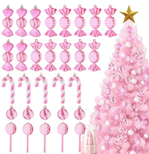Lanpn 30 Pcs 11cm Noël Bonbons Béquilles Decoration, Mini Canne Sucre Boule de Arbre Noel en Plastique, Christmas Candy Cane Ornement Déco, Rose Blanc Sucette pour Sapin Patio Porte Fêtes Exterieur