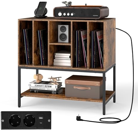 KOMFOTTEU Soporte para Tocadiscos con Estación de Carga y 6 Compartimentos | Mueble de Discos de Vinilo con Estante Abierto, Mesa de Exhibición con Orificio para Cables, 80 x 45 x 79,5 cm (Marrón)