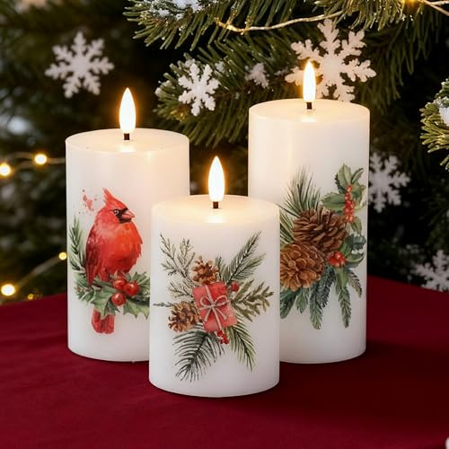 JOIONE Flameless Pillar Candles with Remote, 3 Pack Battery Operated Real Wax LED Candles, Perfect for Home Decorations Fireplace Table, Christmas Sticker