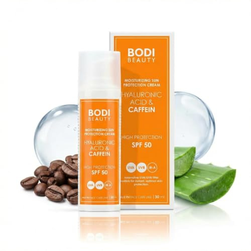BODI BEAUTY Solkräm Ansikte SPF 50 Hyaluron Koffein vattenfast 30 ml | Lätt vattenfast ansiktssolkräm SPF 50 med brett UVA/UVB-skydd, hyaluronsyra och koffein utan vit hinna