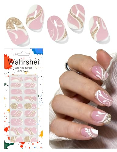 Autocollant Ongle Gel No UV, Bandes françaises roses 22pcs Bandes d'ongles en Gel pour Nail Art DIY，Aucun séchage UV requis