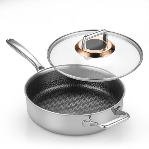 ZEROPAN Djup stekpanna non-stick med lock, stekpanna 28 cm hybrid rostfritt stål, stay-coolt handtag, diskmaskin, PFAS PFOA och PTFE-fri, ugnssäker upp till 260 °C, kompatibel med alla spishällar