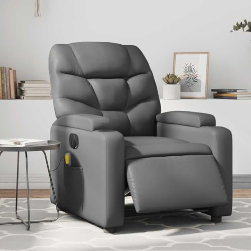 Hommdiy Elektrisch Relaxsessel Massagesessel Fernsehsessel mit Liegefunktion TV Sessel für Wohnzimmer Grau Leder Quadratisch