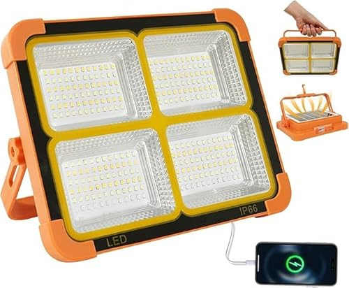 Rravdst 100W LED Work Light Rechargeable Solar Floodlight Outdoor Lights Portable with USB 4 Lighting Modes & Magnetic Suction IP66 Waterproof for Camping Fishing Hiking Car Garage