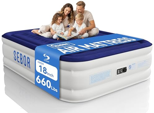 Sebor Air Mattress Queen with Built-in Pump 18, Comfortable Self-Inflating Air Mattress with High-Speed Pump, Durable Blow Up Mattress Queen with Storage Bag for Guests, Camping, Travel
