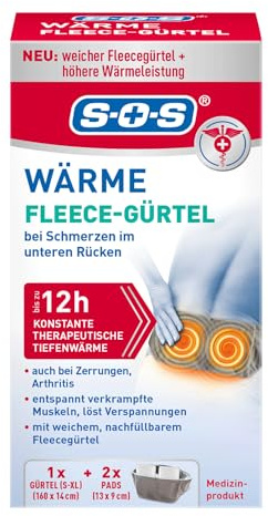 SOS Wärme Fleece-Gürtel (1x Gürtel + 2 Wärmepads) für Lenden- & Hüftbereich – Lindert Schmerzen, Verspannungen und Verkrampfungen – Waschbar – Bis zu 12 Stunden therapeutische Tiefenwärme