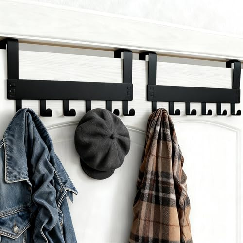 Zamety 2 Pcs Porte Manteau pour Porte, Crochet Porte Manteau avec 12 Crochets, Coussinets de Protection et Plaques de Fixation, 32cm Suspendu Porte Patère pour Placard,Salle de Bain, Cuisine, Noir