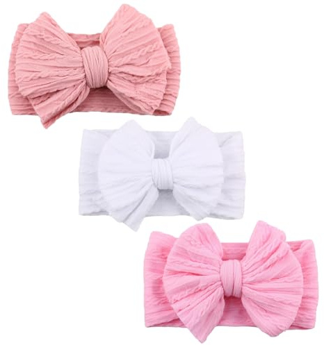 3-pack Baby Hårband, Mjuka Hårband med Rosetter för Nyfödda Flickor, Hårtillbehör (mörkrosa, vit, mellanrosa)