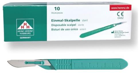 Einmal-Skalpell Nr. 22 – 10 Stück in einer Packung - Steril, rostfreie Stahlklinge, Kunststoffgriff, einzeln verpackt – Medizinischer Einweg-Operationsbesteck | Heinz Herenz Medizinalbedarf