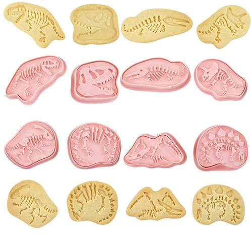 Juego de 8 cortadores de galletas de fósiles de dinosaurio, moldes de galletas de esqueleto de dinosaurio 3D con sello en relieve para hornear, hornear niños y decoraciones de fiesta de dinosaurios
