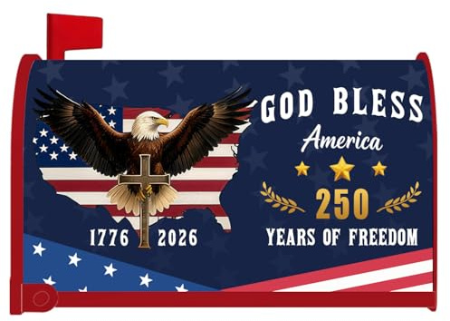 250 Anniversary USA Mailbox Covers Magnetic Standard Size, God Bless America Waterproof Mailbox Wrap, American Flag Outdoor Garden Yard Decor 21 X 18