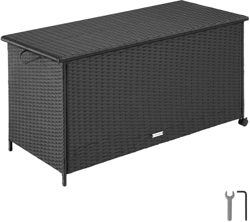 tectake® Box Contenitore da Esterno, 116 x 54 x 64 cm, 253 L, Mobile da Giardino con Intreccio in Polyrattan, Telaio in Alluminio, Coperchio Rinforzato, Pratica Maniglia, Rotelle Girevoli- Nero
