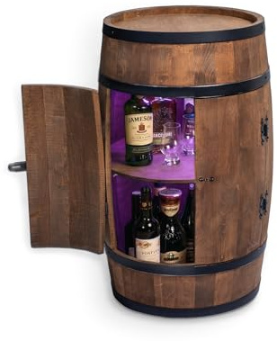 CREATIVE COOPER Fassbar Stehtisch mit Tür und LED RGB - Alkoholschrank Flaschenregal Holz - Holzfass - Fassmöbel - Wineregal - Whiskybar- Weinfass mit Tür - 80 cm (wenge)