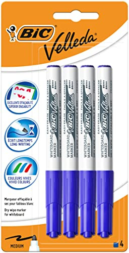Bic Velleda 1741 Filzstift, trocken abwischbar, mittel, Blau, Blister-Packung, 4 Stück