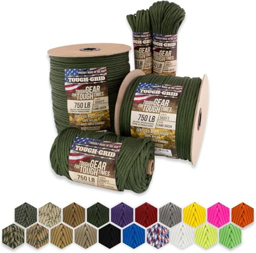 TOUGH-GRID PC200 340kg Paracord - 100% Nylon Militärspezifikationen Typ IV - für Militär, Camping, Kunsthandwerk, Hängematten, Notfälle - Tarngrün