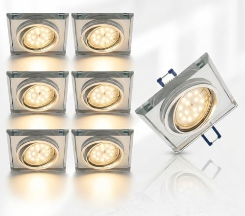 Trango 6er Set 6729S-06-5WAK *CRYSTAL* Deckenstrahler aus Glas inkl. 6x 5 Watt GU10 LED Leuchtmittel 3000K warmweiß Einbauleuchte, Einbauspots, Deckenleuchte, Deckenspots, Badleuchte, Deckenlampe