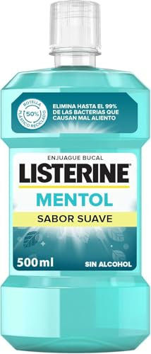 Listerine Mentol Sabor Suave (1 x 500 ml), enjuague bucal con flúor, colutorio encías con 24 horas de protección, enjuague bucal sin alcohol para un aliento fresco duradero