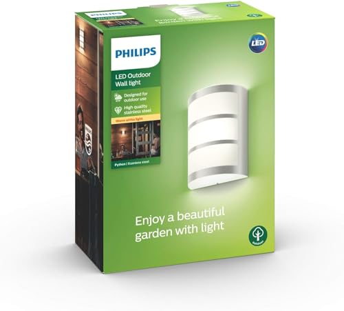Philips Python Wandleuchten für den Außenbereich, 5,5 W, 2700 K Warmweiß, wasserfest, Silber, IP44 wetterfest