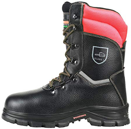WOODSafe®, Herren, Schnittschutzstiefel, Klasse 1, S3, Farbe schwarz rot, Forststiefel, KWF geprüft, Stahlkappe, durchtrittsicher, Leder, wasserabweisend, Größe 41 EU