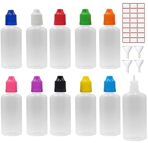 XIAONAN 20 bottiglie vuote da 50 ml, in plastica, contagocce + 4 imbuti (bottiglie + tappi misti + punte + imbuto + etichette vuote)