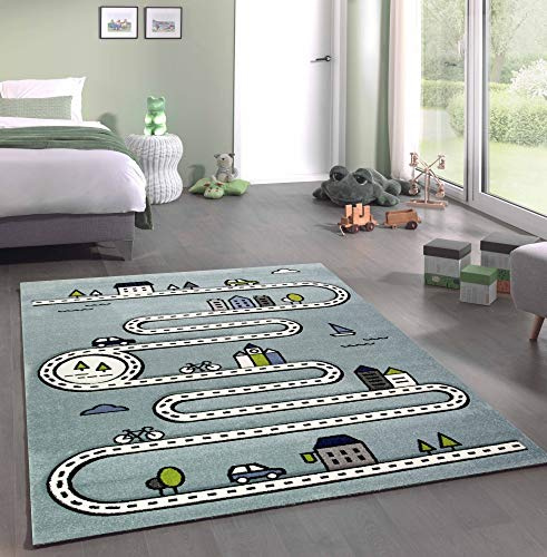 Merinos Kinderteppich Straßenteppich Lernteppich Junge mit Straßen und Häusern in Türkis Größe 160x230 cm