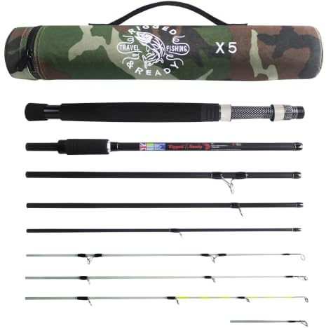 Riggad och redo X5 ADVENTURE resespö. Superkompakt resespön. 1 spö 5 fiskealternativ. 2,2 m (7' 2 tum) + 1,9 m (6'3) längd. Multifunktionsspinn, baitcast, fluga, resefiskespö