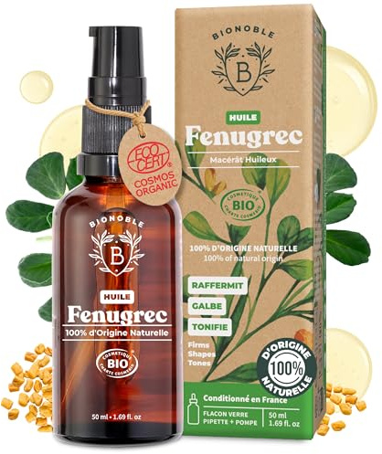 BIONOBLE Ekologisk Bockhornsklöverolja - Åtstramar Byst, Rumpa - 50ml | 100% Naturligt Ursprung, Doftfritt Oljeutdrag - Vegan Fenugreek Oil - Rumpa, Hår, Ekologisk - Glasflaska med Pipett och Pump