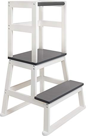 BOMI® Swubi Montessori Lernturm ab 1 Jahr | Sicherer Tritthocker Kinder 2 Stufen | Learning Tower für Kind & Baby aus Holz | Schemel, Lernstuhl als Stehhilfe, Tritthocker Holz, Kinderhocker Weiß Grau