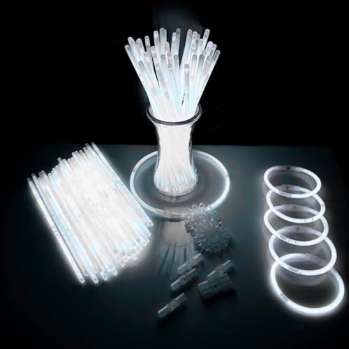 KNIXS 100x Weiße Knicklichter mit Verbindern – Extra helle Glowsticks – 100 Armlichter inkl. 3D-, Kreis- & Mehrfachverbinder – Markierung, Beleuchtung, Outdoor