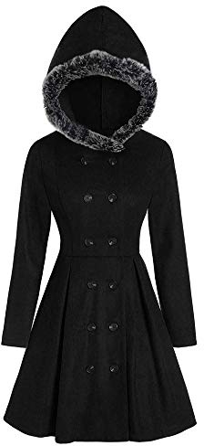 YEBIRAL Damen Mäntel Lange Winter Wollmantel Dickere Mit Faux Pelz Kapuze Warm Mantel Jacke Outwear Zweireihig Trenchcoat(XXL,Schwarz)