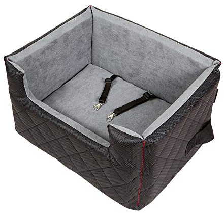 Exclusive Hunde Autositz | Autositz für Hunde, Katzen, Haustier | Rückbank, Beifahrersitz | Hundebett, Hundetasche | Kunstleder | Farbe: Schwarz | Große: M (47x40 cm)