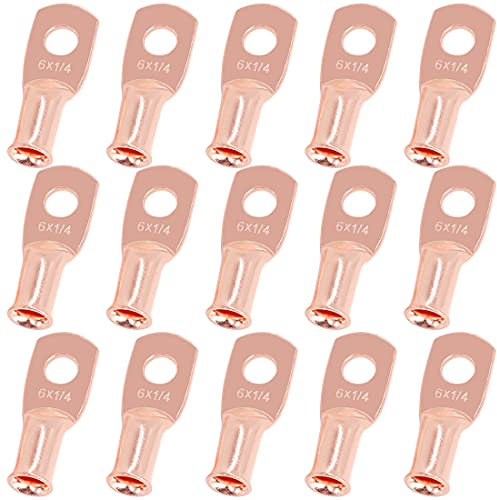 Swpeet 15Pcs 6 AWG - 1/4 (M6) Ring Terminals UL Listed Copper Battery Wire Lugs, Bare Copper Eyelets, Tubular Ring Battery Cable Ends for Enhanced High Temperature