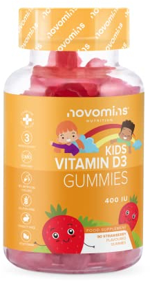 Vitamina D Niños 400 UI - 3 Meses de Suministro - Gominolas Vitamina D para Huesos y Dientes - Sin Gluten - Vitaminas Niños - Vitamina D3 - Mejora la Absorción del Calcio - Novomins