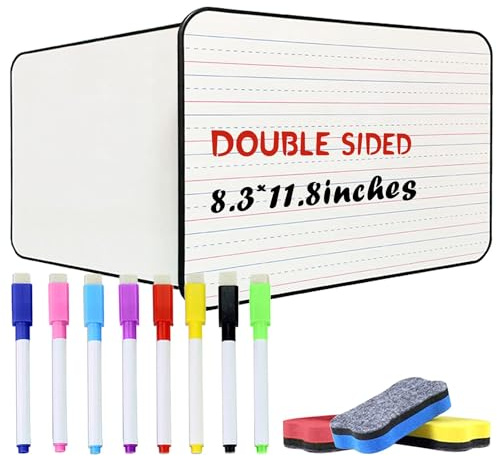 OWill Lined Mini Dry Erase Board, A4, Ruled & Blank, Double Sided Portable Whiteboard with 8 Markers & 3 Erasers