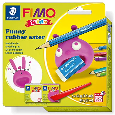 STAEDTLER Modellierset rubber eater FIMO kids, speziell für Kinder - einfach umzusetzen mit Schritt für Schritt Anleitung, 2 FIMO kids Blöcke, Modellierstab, 8035 23