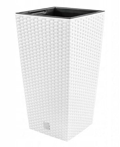 R.G. Blumenkübel Pflanztopf Breite 29x29cm Wetterfester Pflanzkübel für Garten, Balkon & Innen Blumentopf Pflanzkübel H 55cm Blumenkasten DRTS Rattan Optik mit Einsatz (Weiß)