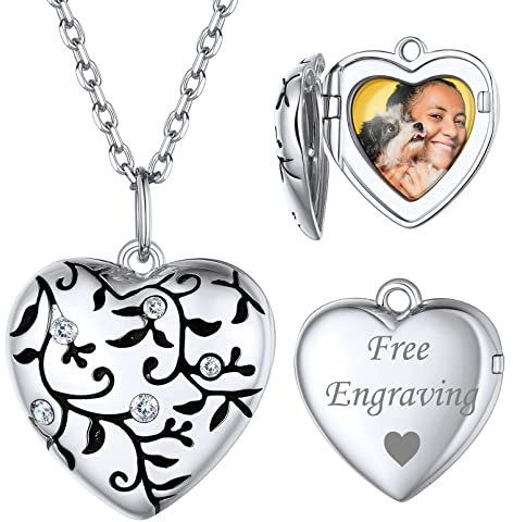 ChicSilver Silber Herz Medaillon Anhänger mit Zweige Symbol Damen Mädchen Herz Fotoanhänger mit Ihr Wunschgravur für Valentinstag Geburtstag