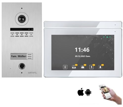 MATHFEL 2 Draht Bus WLAN Video Türsprechanlage, mit Fingerprint, Gegensprechanlage Fischaugenkamera 170 Grad Aluminium Außenstation, 2x7'' Monitor weiß mit WLAN Schnittstelle