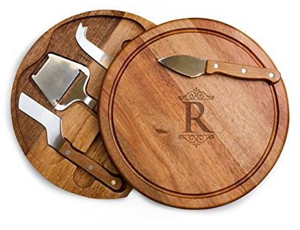 TOSCANA - a Picnic Time brand Personalized Monogram Initials Acacia Circo Cheese Cutting Board & Tools Set, 10.2 x 10.2 x 1.6, Letter R