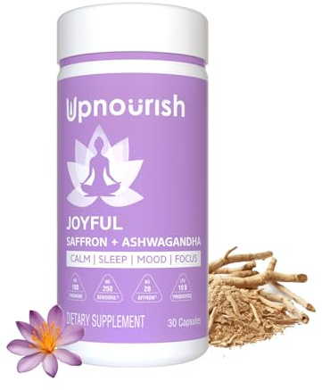 UpNourish Organic Ashwagandha Saffron Supplements with Probiotics - Stress Relief, Mood Enhancer, Calm Happy Pills Support Fatigue Focus Clarity with L-Theanine, Rhodiola, 30 Vegan Capsules