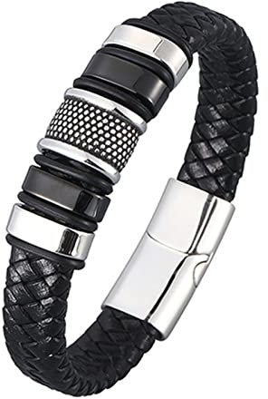 Ayoiow Männer Armband Indianer, Armbänder Männer Edelstahl Leder Armband Schwarz Schwarz Geflochten Armband